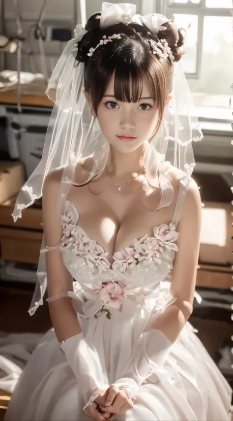 ,(((Pixel perfect, Perfect details))), alone, 1 girl, yuigahama yui,  Close-up of beautiful bride wearing beautiful wedding dress,Gurwitz, (bridal veil:1.5），（transparent short veil：1.5），blush，eye shadow，Blushing face，Head flower，headgear，bouquet，（tube top ...