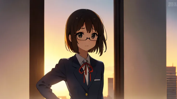 1girl, (((​masterpiece))), top-quality, top-quality, High Details, Hirasawa Yui, 1girl, Sakuragaoka High School Uniform, student clothes, two yellow hairpin, short hair, A brown-haired, brown-eyed, glasses, 独奏, reddish, Dark blue blazer with thin blue ribb...