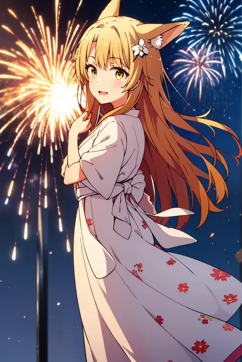 irohaisshiki, Isshiki Iroha, long hair, brown hair, (brown eyes:1.5), smile,animal ears,fox ears,fox tail,flower hair ornament,Yukata with yellow floral pattern,long skirt,Zori sandals,firework in the night sky,firework,The place is a firework display,Time...