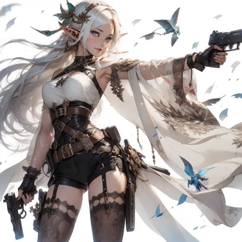 A portrayal of a sweet elf girl standing with a gun in hand, radiating a sense of determination and strength, style by Yoji Shinkawa, full body, dynamic pose, perfect anatomy, Fantasy art style, soul, approach to perfection, cell shading, 8k, cinematic dra...