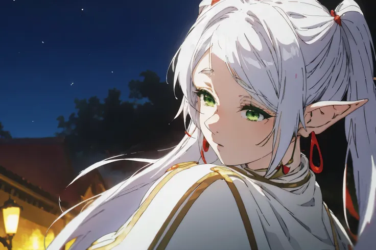 1 girl，Detailed details，white hair,twin tails,red earrings,white clothes，elf ears，head with long hair，green eyes,、beautiful background,night，Cold-hearted,magic