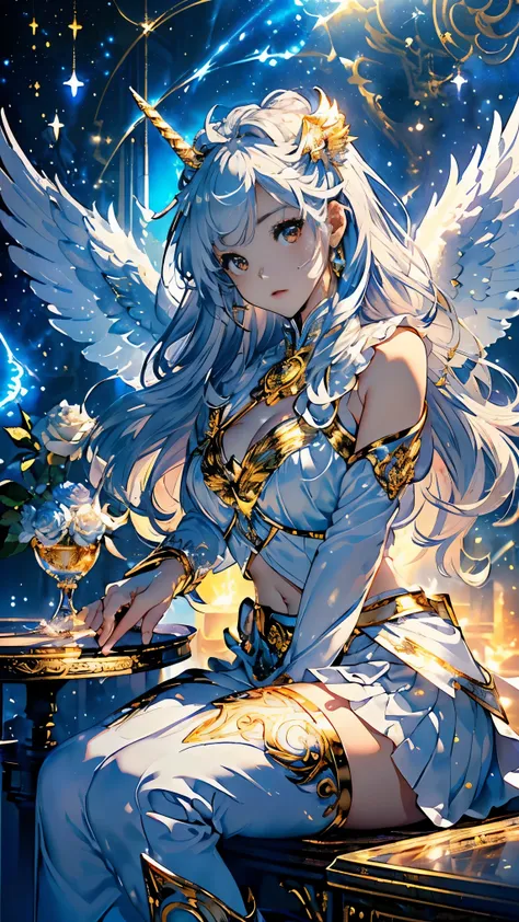 最high quality、best image quality、masterpiece、with a girl((18-year-old、bright clothes、white bra、white dress、Gold Skirt、 vest bust、bust 90、long silver hair、red eyes、open your chest wide、valley、happiness、Slender、angelic face、Aura of Light、Wings of the Univers...