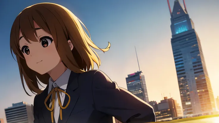 1girl, (((​masterpiece))), top-quality, top-quality, High Details, Hirasawa Yui, 1girl, Sakuragaoka High School Uniform, student clothes, two yellow hairpin, short hair, A brown-haired, brown-eyed, 独奏, reddish, Dark blue blazer with thin blue ribbon, Solid...