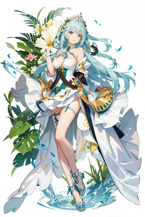 garota anime com cabelo branco e vestido verde sentada em uma flor, divindade de cabelos brancos, Deusa dos animes, deusa da natureza, deusa da primavera, arte oficial, arte oficialwork, arte oficial do anime, obra-prima deusa da tristeza, cushart krenz ar...