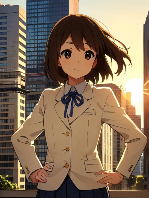 1girl, (((​masterpiece))), top-quality, top-quality, High Details, Hirasawa Yui, 1girl, Sakuragaoka High School Uniform, student clothes, two yellow hairpin, short hair, A brown-haired, brown-eyed, glasses, 独奏, reddish, Dark blue blazer with thin blue ribb...