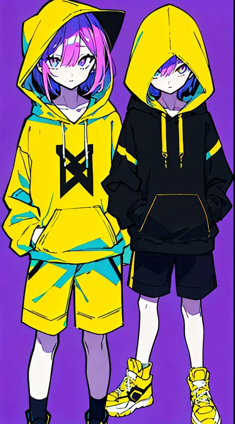 (masterpiece, highest quality:1.6), alone, thick outline, (simple background, bright purple background, monochrome, beautiful yellow theme:1.2), official art, Key Visual, 8k, confused, whole body, (unique hair, oversized hoodie, hot pants, wearing a hood, ...