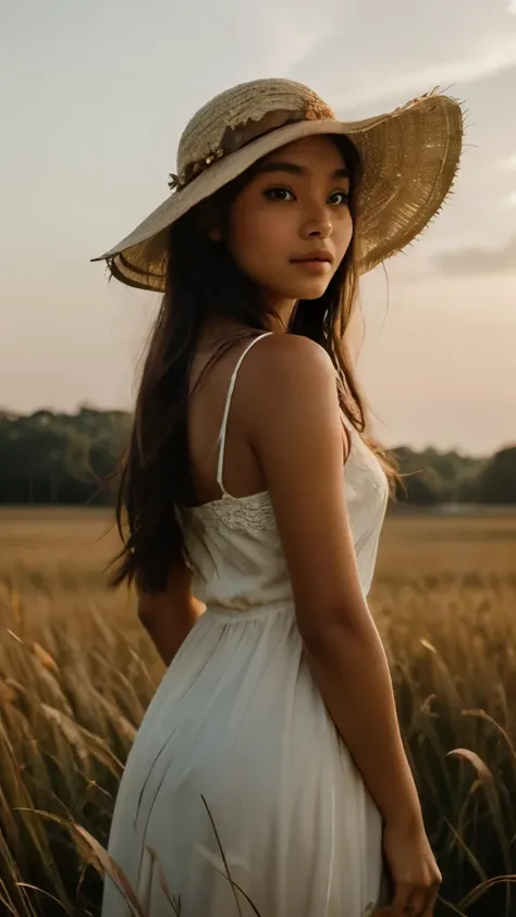 An enchanting Indonesian girl stands gracefully on a vast expanse of tall golden grass, the sun casting a warm, brown hue over the scene. She dons a cute, decorative hat adorned with intricate patterns, its brim shading her face slightly. A see-through, fl...