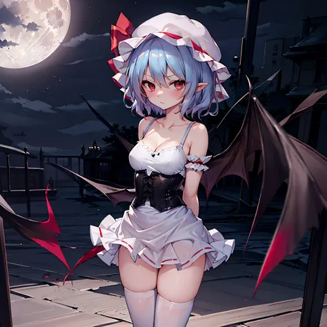 (solo remilia toho character standing on the deck of mansion:1.3), (solo:1.2), skinny, a full moon, midnight, break, short hair,...