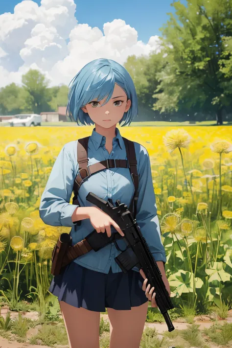 One girl who shoots big dandelions, one girl with a long gun in her hand, one girl with short blue hair