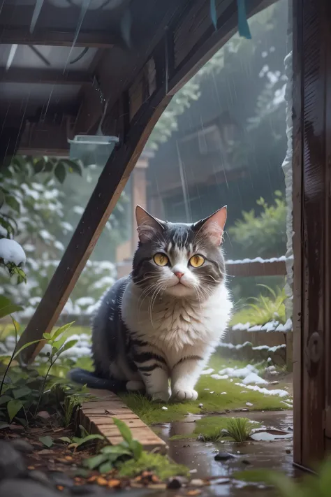 snow day, cute cat with round eyes, Taking shelter from the rain under the big roof, countryside.