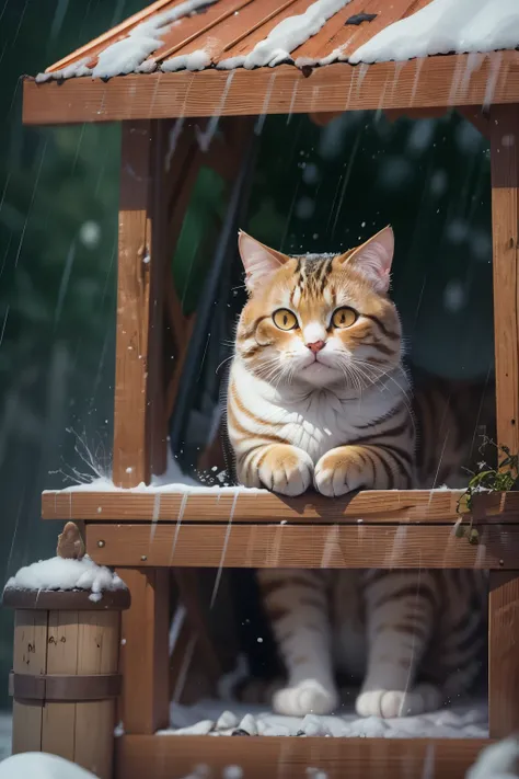 snow day, cute cat with round eyes, Taking shelter from the rain under the big roof, countryside.