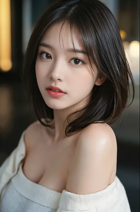 highest quality, masterpiece, 超High resolution, (realistic:1.5), RAW photo, 1 girl, off shoulder(highest quality、8k、32K、masterpiece、Hmm:1.2)、cute日本人女性の写真、big and full breasts、bob hair、Upper body、surface focus、extra large_sweater、necklace、simple background、...