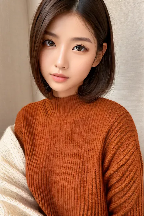 woman、super detailed face、double eyelid, short hair、No bangs、clear eyes、knit sweater、Glossy skin, small head、whole body