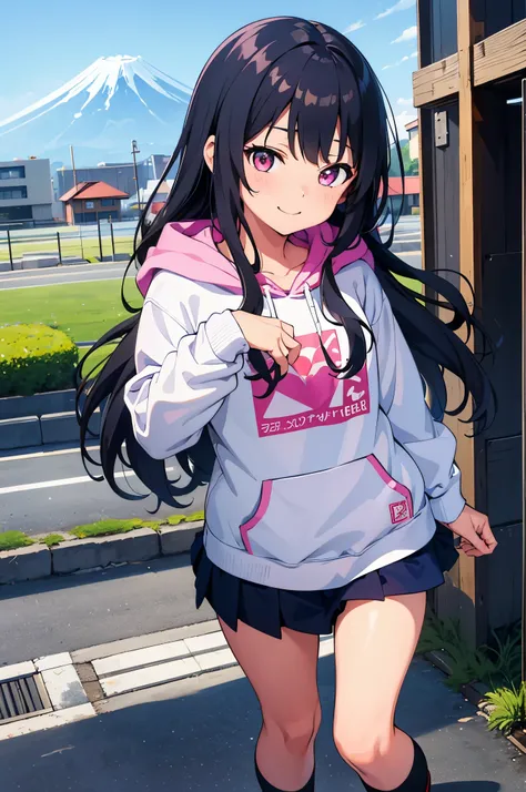 At the foot of Mt. Fuji　field　elementary school girl　8-year-old　flat chest　black hair　long hair　eyes are purple　smile（（1 person））　Hooded hoodie with upper body pink　Lower body navy blue miniskirt　white panties　white socks　sports boots　daytime　Are standing　...