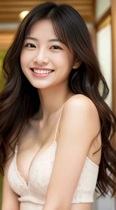 Japanese ),((beautiful girl)),cleavage,An expression that imagines something pleasant:1.2,(perfect body beauty:1.2),((perfect body)),(shy smile),beautiful teeth,