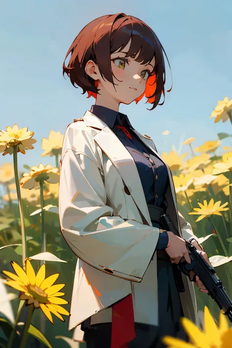 One girl shooting a large dandelion, one girl with one handgun in her hand, one girl with red and short hair, one girl with a dignified face, clothes are summer clothes