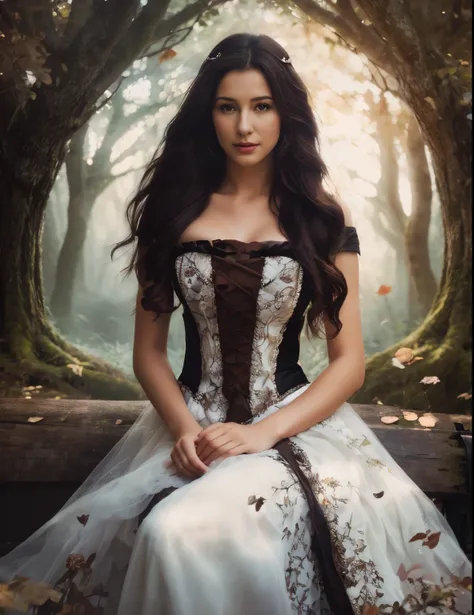 (Realistic), photography, photo realistic, a woman in a white dress sitting on a bench in a forest, beautiful fantasy maiden, fantasy genre portrait, big breast