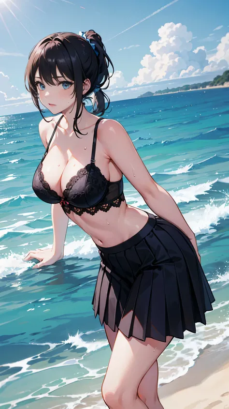 blue ponytail，masterpiece:1.3，best quality, black pleated skirt，at the beach，Big breasts，sweaty, bare shoulders, Lace lingerie 1.8