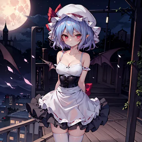 (Remilia toho character standing on the deck of mansion:1.3), (solo:1.2), skinny, a full moon, midnight, BREAK, short hair, collarbone, (emphasize small very perky breasts:1.3), (emphasize cleavage:1.3), (inconceivably thin narrow waist:1.3), (very short t...