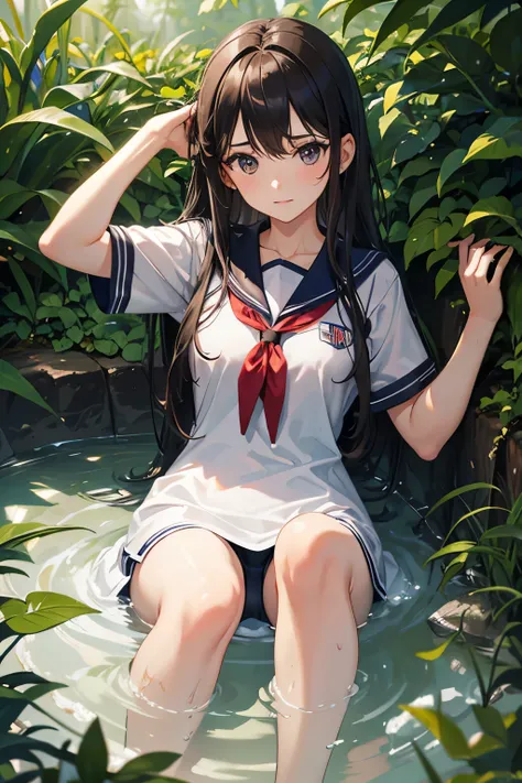 best quality,ultra-detailed,realistic:1.37,a girl in a sailor suit,stuck in a muddy swamp,a girl struggling in the mud,legs trapped in the muddy swamp,greenish-brown muddy swamp,desperate expression,dirty sailor suit,messy strands of hair,muddy footprints,...