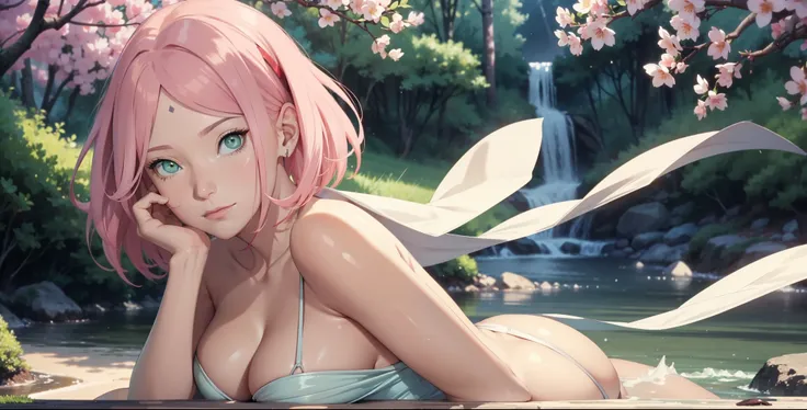 full body,landscape, nature background,masterpiece, Cherry blossom forest, (high detal:1 1), Natural skin, high qulity, NSFW, Naruto Sakura，A pink-haired，short detailed hair，Green eyes，（Large breasts:1.2），（Off-the-shoulder attire:1.5），Leaking out of the sh...