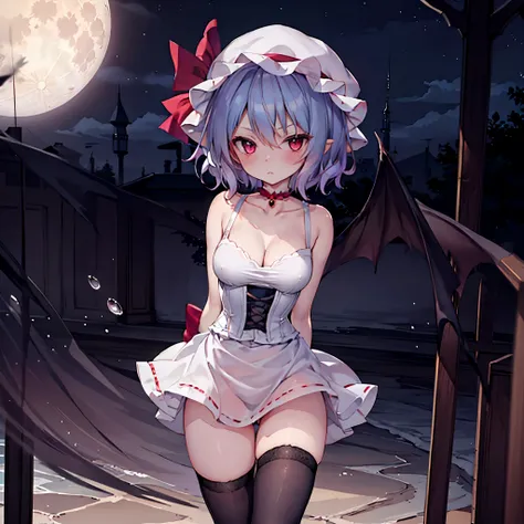 (Remilia toho character standing on the deck of mansion:1.3), (solo:1.2), skinny, a full moon, midnight, BREAK, short hair, collarbone, (emphasize small very perky breasts:1.3), (emphasize cleavage:1.3), (inconceivably thin narrow waist:1.3), (very short t...