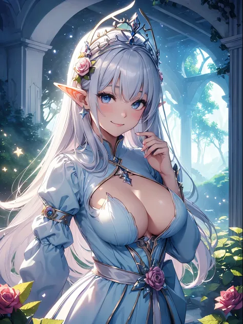 highest quality、Highest image quality、masterpiece、Titania、Super beautiful elf beauty((22 years old OL big bust、bust 90,beautiful long ironed hair、silver hair、Height: 165cm。slender、sexy、Esbian、beautiful tiara、High quality、beautiful art、background((starry sk...