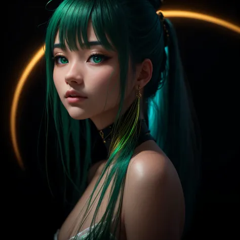 A stunningly realistic Portrait of a beautiful Japanese girl comes to life through the lens of the RealisticVision4 model. Her captivating features are accentuated by the vividness of her yellow-green neon hair, which shimmers under volumetric lighting. Wi...