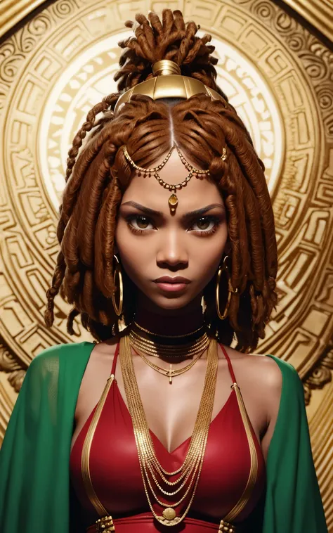 (Zendaya:Halle Berry) dressed like a nigerian chaman, red green and yellow sleeveless tunic, (high top fade haircut and dreads) tribal tattoo in the face, (golden rings necklace), Lovecraft atmosphere, masterpiece, hyperdetailed