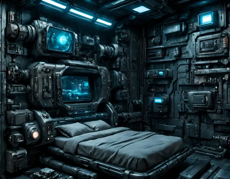 habitacion dormitorio tecnologico de metal cyberpunk, con grandes ventanales, desde donde se divisa una ciudad megalopolis con enormes edificios futuristas altamente tecnologico por la noche, la habitacion tiene cama parcialmente desecha, televisor y panel...