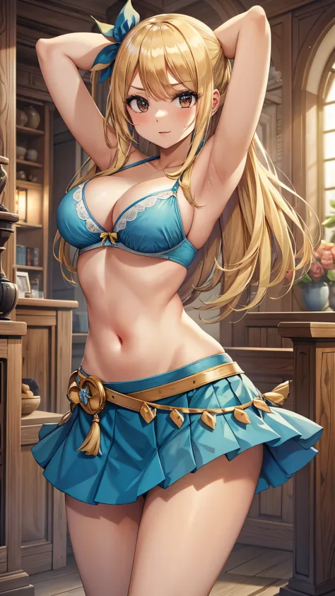 1girl, blonde_hair, rating:safe, lucy_heartfilia, breasts, blue skirt, long_hair, large_breasts, blue indian bra, blue indian sk...