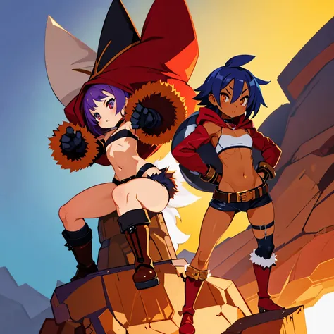 Dwarf Pygmy Slender Modest chest Cat eyes Chestnut-like mouth Red cheeks Short messy blue hair Amber eyes Dark skin Sunburn Sports bra Spats Gloves Short boots Belt Choker White fur hood Navel Groin Thighs Wolf tail