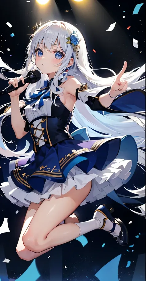 (muste piece), (best quality), very detailed, ((1 girl)), solo full body shot，Viewer&#39;s perspective，Low - Angle，dynamic，jump，(A big smile)，wink，perfect face, beautiful face, very detailedな顔，((white long hair_blue eyes:1.3))，idol costume，solo idol，ribbon...