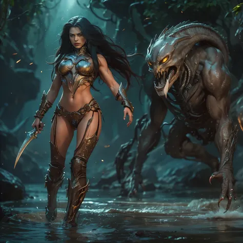 1 female alien, The predator, warrior, (extremely beautiful:1.2), (intense gaze:1.4), (predator:1.1), long dark claws, NSFW,  nipples, thick eyebrows, glowing and shining orange eyes, the most beautiful face in the universe, black hair,

A woman with an ex...