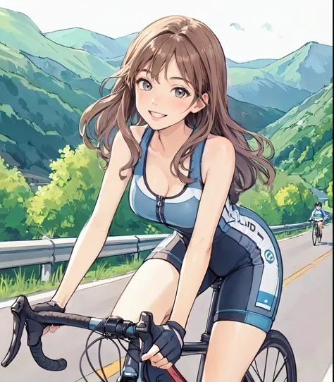 1lady solo, (riding road bike:1.2), (dressed in road bike attire) sporty stylish, mature female, /(light brown hair/) bangs, blu...