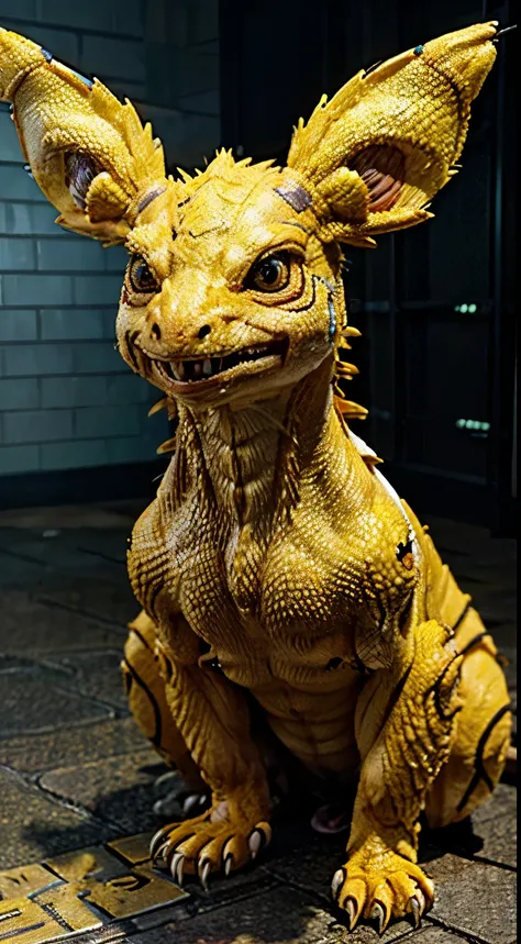 Masterpiece, Highest Quality, Ultra-Detailed, Hyper-Real, ((Agumon)), Perfect Face, FOTO FRONTAL, cinematic lighthing, full body, digimon, 