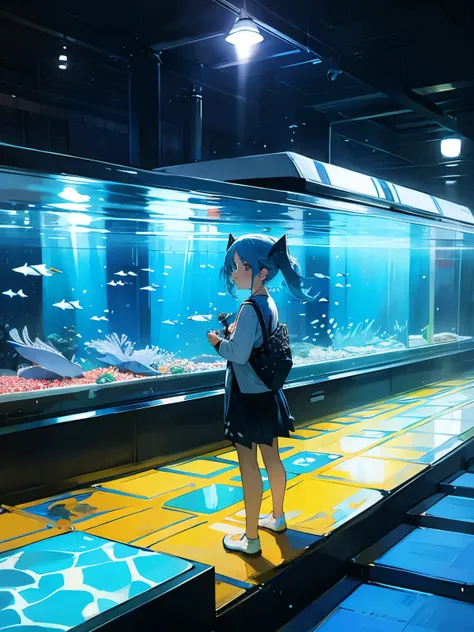 Aquarium Fish Whale shark Sardine Tuna Aquarium A girl looking at an aquarium Twin tails Light blue hair Cute