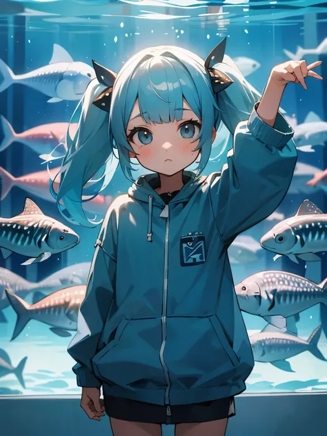 Aquarium Fish Whale shark Sardine Tuna Aquarium A girl looking at an aquarium Twin tails Light blue hair Cute