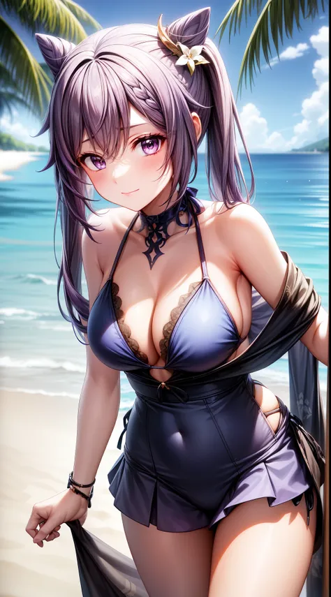 anime, beautiful face, highly detailed face, (2 accurate legs:1), purple detailed eyes, highly detailed beach background, perfect lighting, best lighting, (no shadows:1.2), 1girl, solo, outdoors, genshin impact, keqing, (beautiful purple hair:1.2), absurdr...