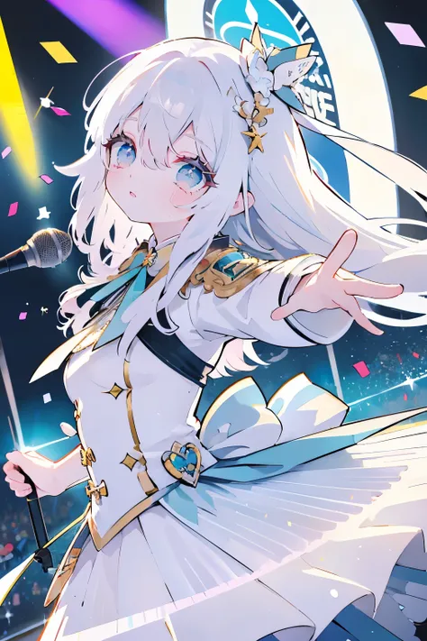 (muste piece), (best quality), very detailed, ((1 girl)), solo focus，Viewer&#39;s perspective，Low - Angle，dynamic，jump，(A big smile)，wink，perfect face, beautiful face, very detailedな顔，((white long hair_blue eyes:1.3))，Gorgeous idol costumes，solo idol，ribbo...