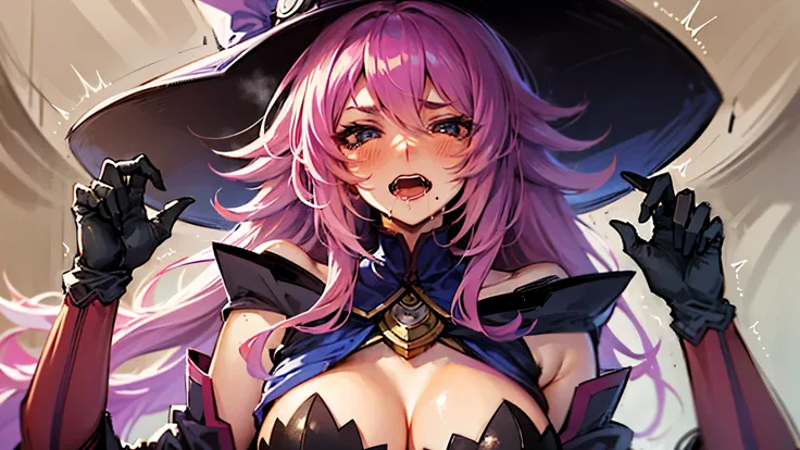 (masterpiece, best quality, high resolution), 1girl, solo, ninems, hat, witch hat, large breasts, gloves, bare shoulders, cape, thighhighs, black legwear, ((embarrassed,trembling,open mouth,stare at viewer with stern eyes,blushing,nsfw, hentai)), blue eyes...