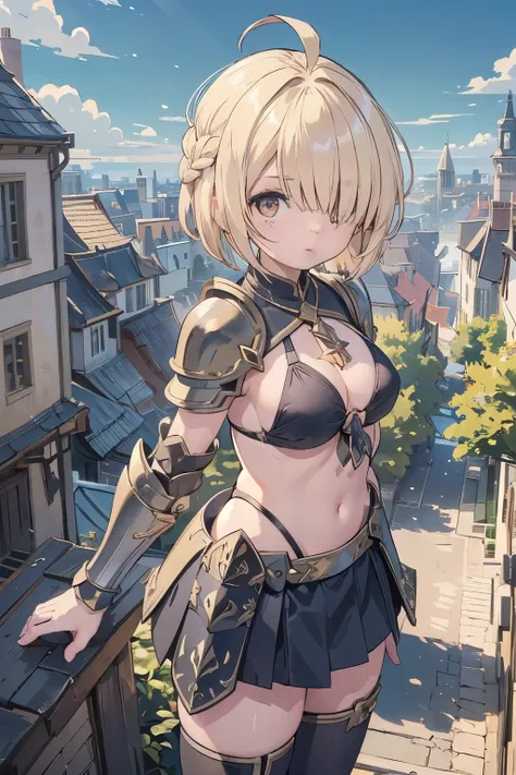 masterpiece, medieval townscape　horizon　Upper body　girl　((((bikini armor))))　skirt　Thighhighs　　clear　blonde　((((((hair above one eye)))))), Braidスタイル, spike hair, dull bangs, bob hair, Braid, Ahoge　red eyes　looking at the viewer　adventurer　military cap　((F...