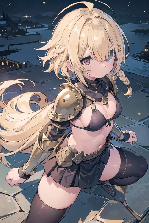 masterpiece, medieval townscape　horizon　Upper body　girl　((((bikini armor))))　skirt　Thighhighs　((fighting pose)),((fighting stance))　clear　blonde　((((((hair above one eye)))))), Braidスタイル, spike hair, dull bangs, bob hair, Braid, Ahoge　red eyes　looking at t...