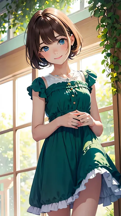 highest quality, pastel painting, Gentle atmosphere, girl 1, cute, smile happily, brown short hair of different colors,,, Blue-eyed ones, Green-eyed ones, different color dresses, flower hair ornament, Upper body, looking at the viewer, space, meteor, ligh...