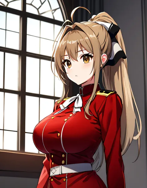 isuzu sento, Ahoge, (brown eyes:1.5), light brown hair, long hair, ponytail, hair ribbon, ribbon,aigulet, black ribbon, black skirt, frilled skirt, frills, Jacket, army, army uniform, pleated skirt, (red Jacket:1.5), skirt, uniform, white ribbon, button,(b...