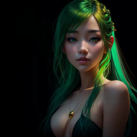 A stunningly realistic Portrait of a beautiful Japanese girl comes to life through the lens of the RealisticVision4 model. Her captivating features are accentuated by the vividness of her yellow-green neon hair, which shimmers under volumetric lighting. Wi...