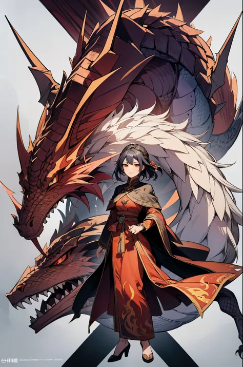 Cartoon picture of female with dragon head and cloak, Dragon in the background, Human and dragon fusion, person with dragon soul, About Mogunde Animation, by Zayn Chin, by Li Zai, But as an anthropomorphic dragon, dragon god, by Ren Renfa, Scar Dragon