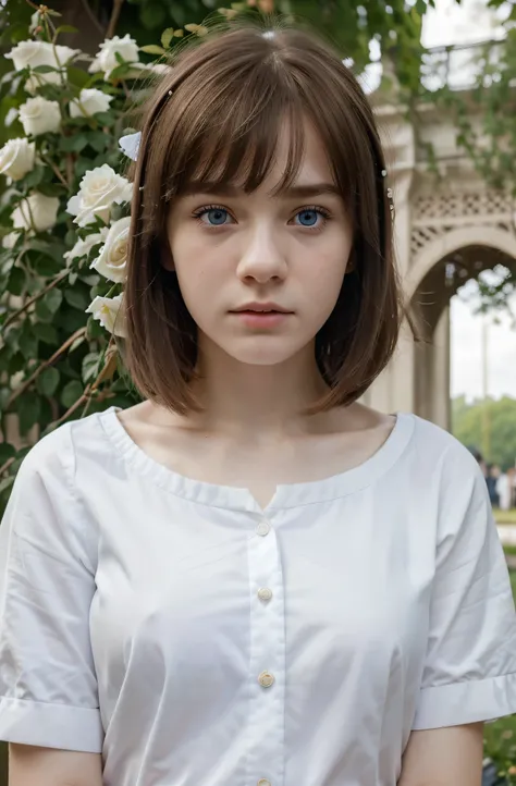 (Mejor calidad,hyper realistic,ultra detallado,8K), adolescente, Fifteen years old, shy, triste, palidez, grandes ojos azules, piel muy blanca, small nose, short brown hair with bangs, melancholia, uniforme escolar elegante, white rose garden, torre Eiffel...