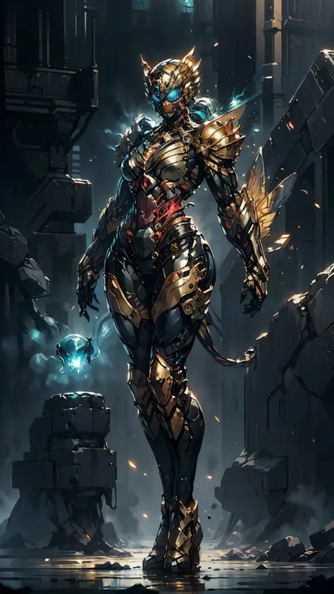 A woman adorned in fantasy-style full-body armor, a crown-concept fully enclosed helmet that unveils only her eyes, a composite layered chest plate, fully encompassing shoulder and hand guards, a lightweight waist armor, form-fitting shin guards, the overa...