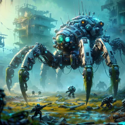 Warhammer 40k,science fiction, weaponized military robotic spider with glass body parts and visible inner workings, patrolling through a destroyed town with overgrown jungle, ultra-detailed, vivid colors, vibrant contrasts, oblique angle, floating particle...